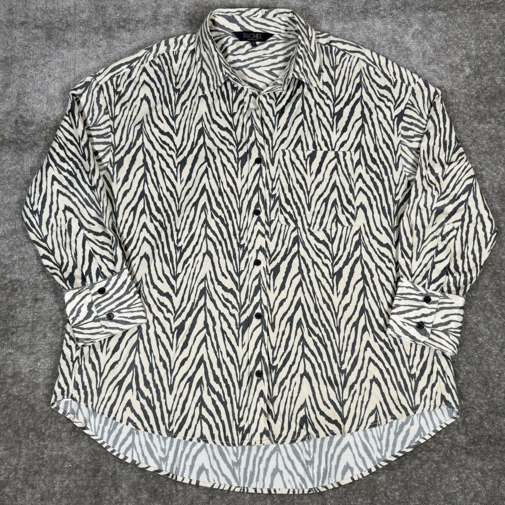 Rachel Roy Blouse Women's Medium Zebra Print Long Sleeve Button Up Satin Feel
